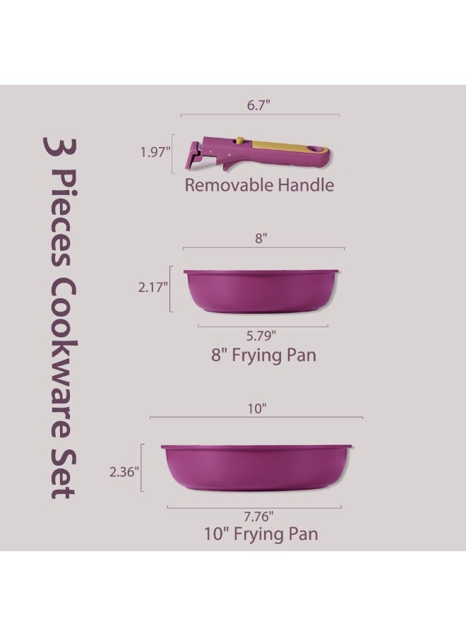 Carote 3-Piece Ceramic Frying Pan Set, 8" & 10" Nonstick Fry Pans with Removable Handle, PFAS-Free Healthy Cooking, Full-Spray Base, All-Stovetop Compatible Skillet Set, Dishwasher Safe (Purple) - Image 2